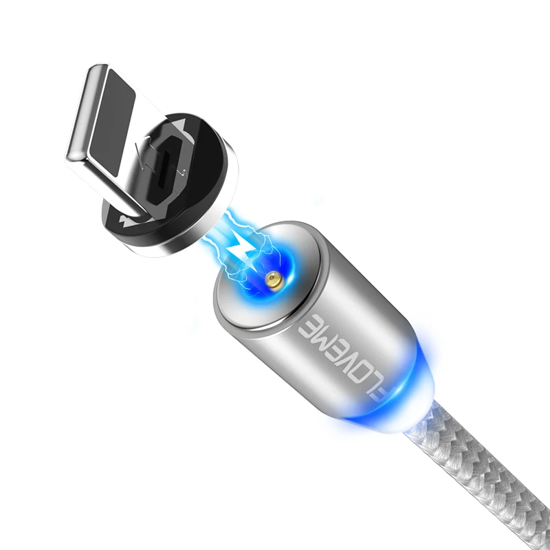 Магнитный кабель FLOVEME type C Micro USB для магнитного кабеля светодиодный 1 м Плетеный Магнитный Кабель зарядного устройства для iPhone XR XS MAX samsung Новинка - Цвет: Sliver