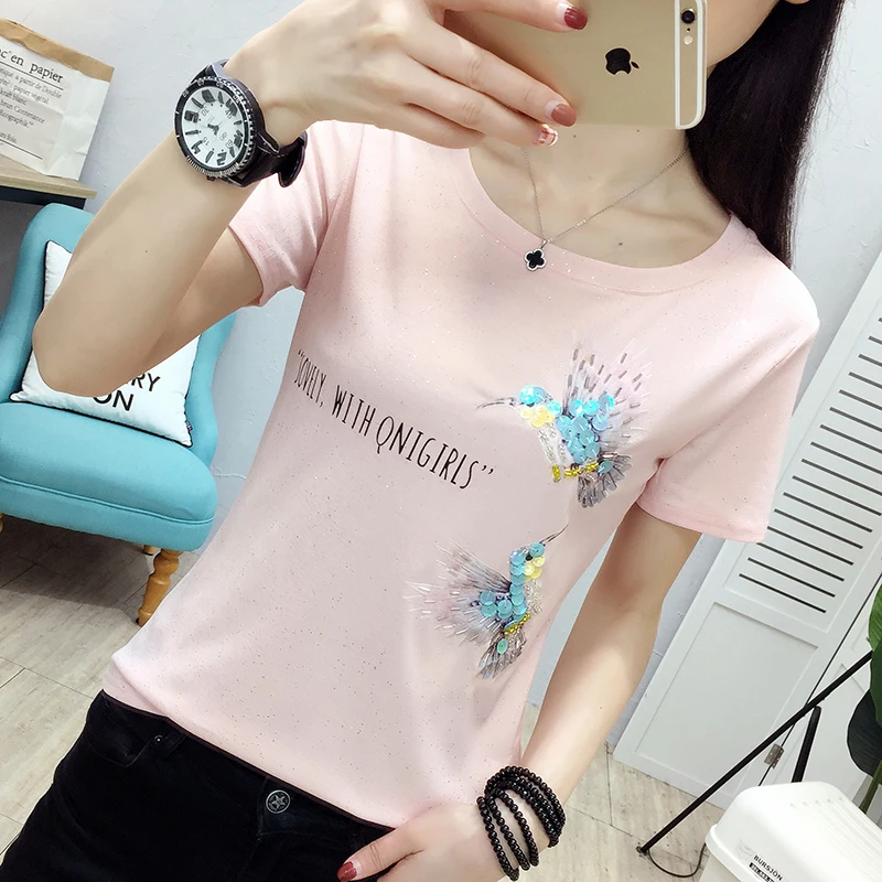 Женская облегающая футболка с блестками и рисунком птицы удобные белые женские