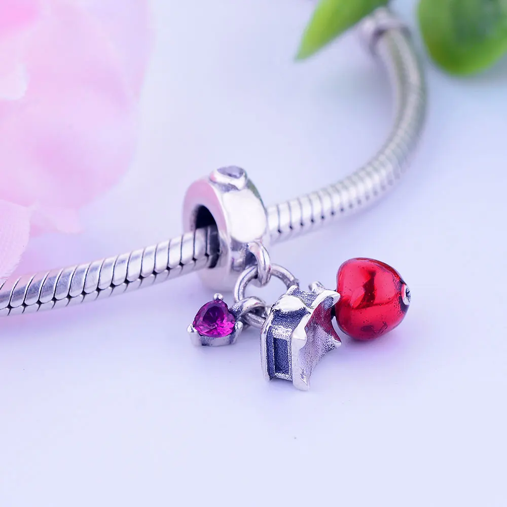 Подходит для оригинальных шармов Pandora Браслеты стерлингового серебра 925 пробы Яблоко& бусины в форме сердца с красной эмалью DIY ювелирные изделия подарок Berloques