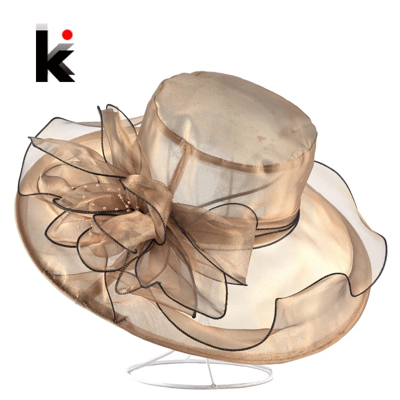 Широкими Полями органза Цветок шляпа пляжная Для Женщин Дышащий Летом Анти Уф