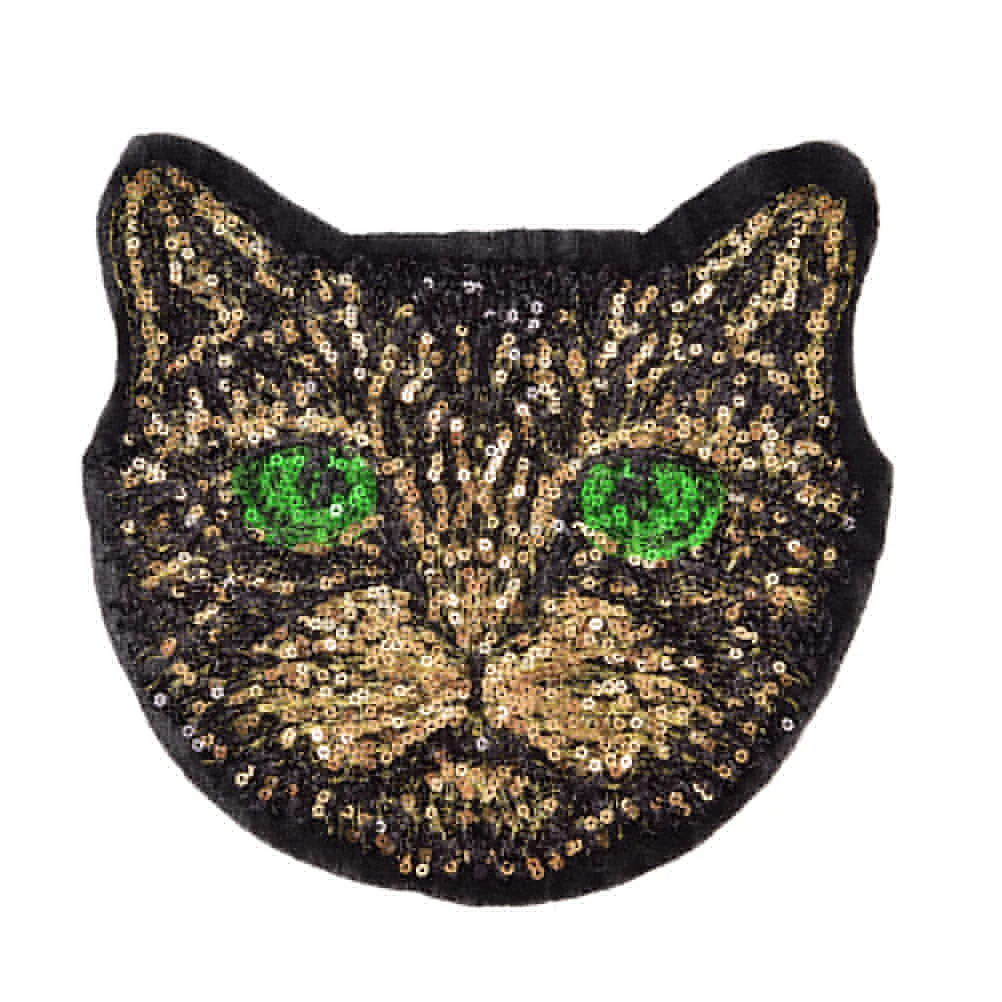 DIY милый большой головой кота Вышивка Кружева Аппликация ткань с пайетками