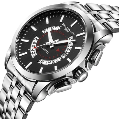 Steel and black Relogio Masculino KINGNUOS Брендовые мужские часы из нержавеющей стали водонепроницаемые кварцевые часы деловые кожаные Наручные часы с календарем - Цвет: Steel and black