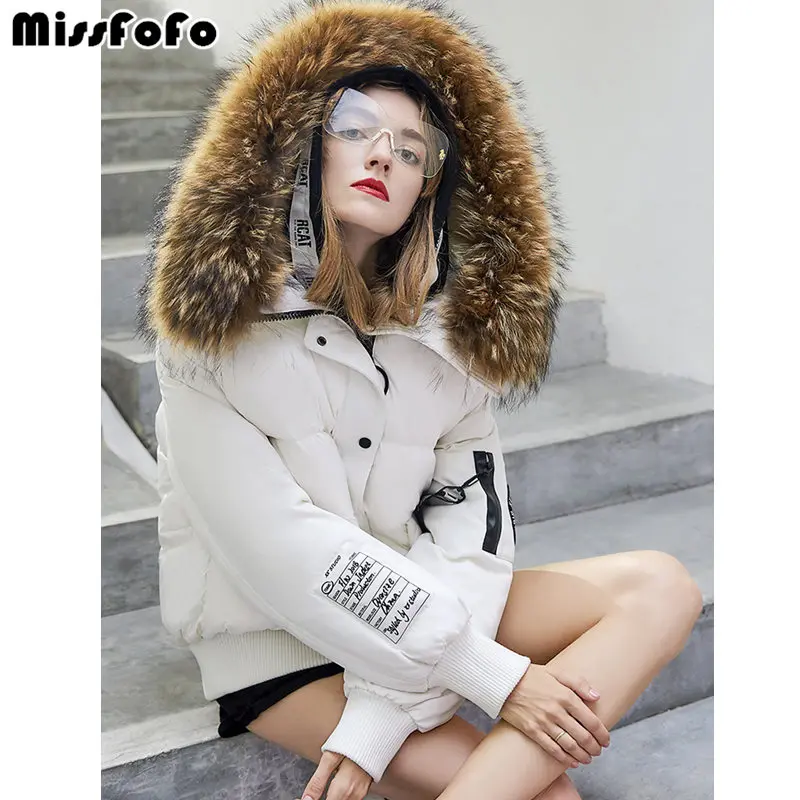 MissFoFo Новая женская куртка с утиным пухом, натуральный мех енота, большой мех, короткая зимняя куртка с машинкой, модная шапка