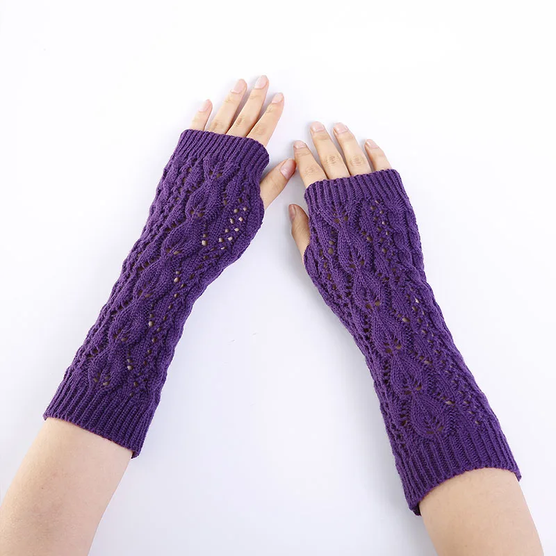 Вязаные перчатки без пальцев с листом зимние женские осенне весенние гетры для