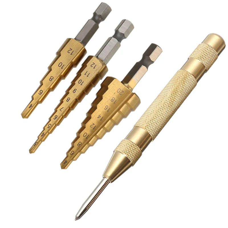3pcs/set Hex HSS Step Cone Titanium Drill Bits Hole Cutter + Automatic Center Punch Set Bit Tool Kit | Инструменты