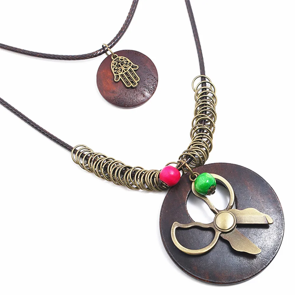 Scissors Hamsa Long Fashion Round Wood Vintage Alloy Charms Pendant Leather Necklace Women Men Sweater Chain Jewelry | Украшения и