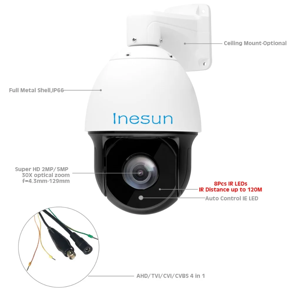 Inesun 7 дюймов наружная камера видеонаблюдения HD 1080P 5MP высокоскоростная купольная