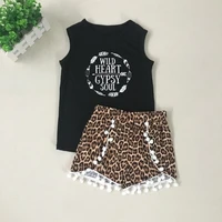 puresun new boutique kids girl summer cute clothes set for baby letter black vest fashion leopard print shorts children sets