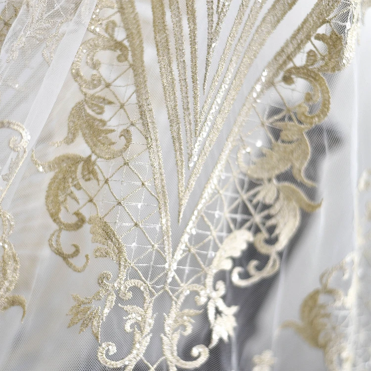 

High-grade light gold embroidered lace fabric for cloth wedding dress diy mesh fabric