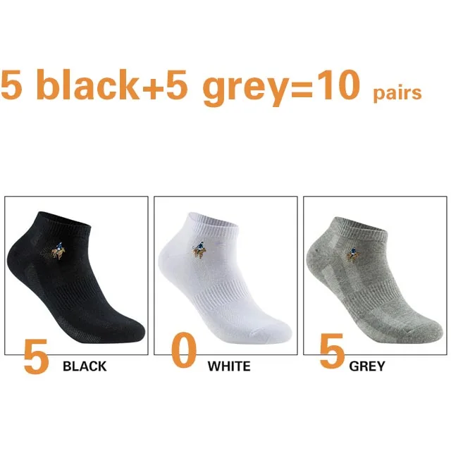 5 Black 5 Grey 10 пар/партия, Летние Стильные хлопковые короткие носки в сетку для мужчин, с вышивкой логотипа, высокое качество, для бизнеса, отдыха, спорта, мужские носки, размер - Цвет: 5 Black 5 Grey
