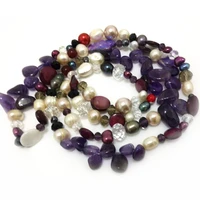 42 inches natural pearls and amethyst chips long chain sweater necklace