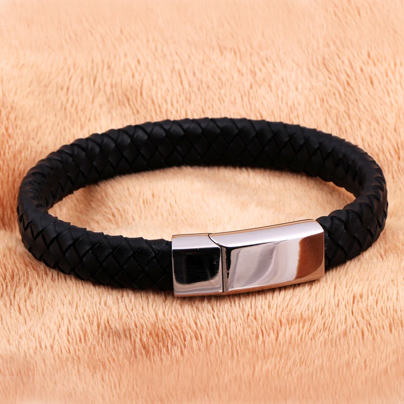 Genuine leather bracelet men stainless steel braid Bracelet with magnetic buckle claps | Украшения и аксессуары