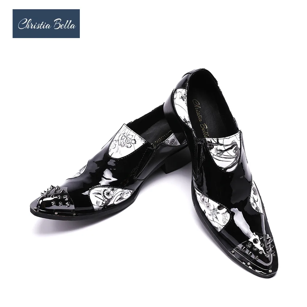 

Дизайнерские кожаные лакированные туфли для официального костюма, пикантные мужские туфли для ночного клуба с заклепками, туфли с острым носком на высоком каблуке в стиле стимпанк