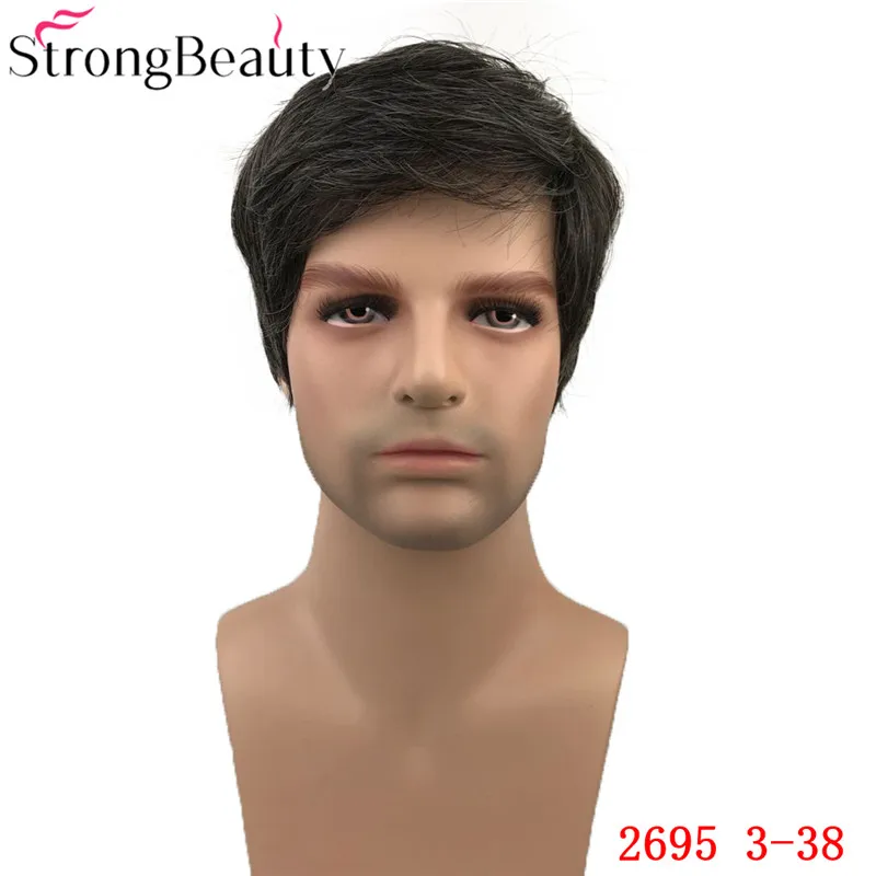 StrongBeauty короткие прямые синтетические мужские парики натуральный черный/серый полный монолитным парик термостойкие волосы