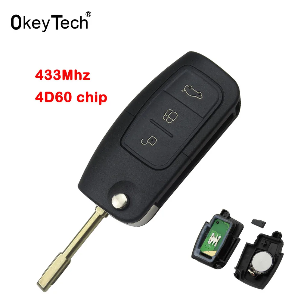 

OkeyTech 4D60 Chip 3 Button Flip Folding Remote Smart Car Key 433Mhz for Ford Focus Mondeo Galaxy Fiesta C Max S Max FO21 Uncut