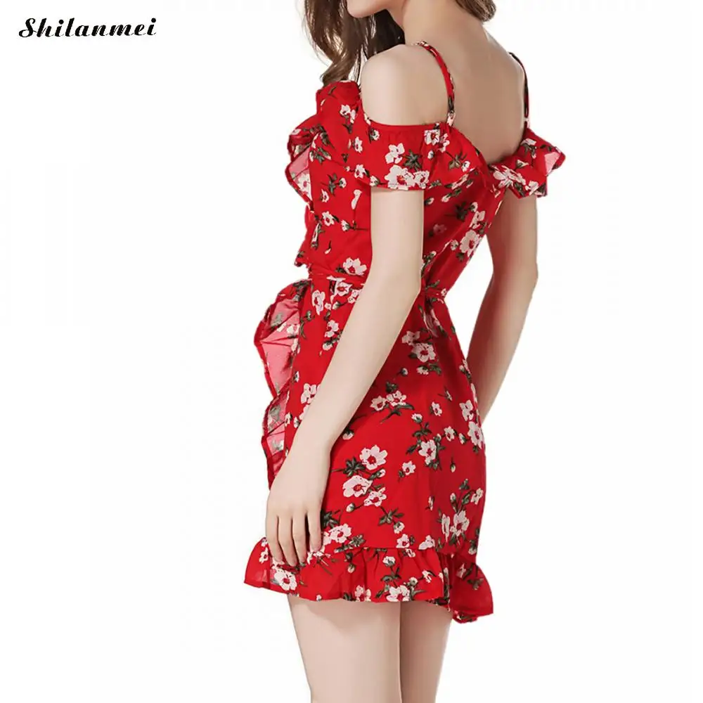 Boho Летнее шифоновое красное платье с цветочным принтом женский топ открытыми