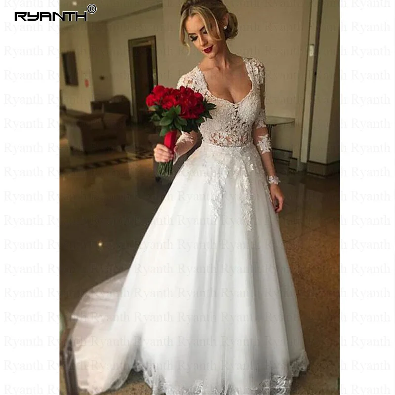 Vestido De Noiva, 2 в 1, одежда с длинным рукавом свадебные платья прозрачные с кружевом на спине свадебное платье с аппликациеми бальное платье невесты RW03