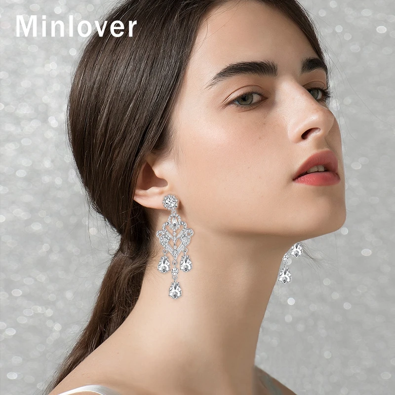 Minlover Rhinestone Long Pendant Earrings Women's Crystal Bridal Hanging 2019 Wedding Jewelry MEH1152 | Украшения и