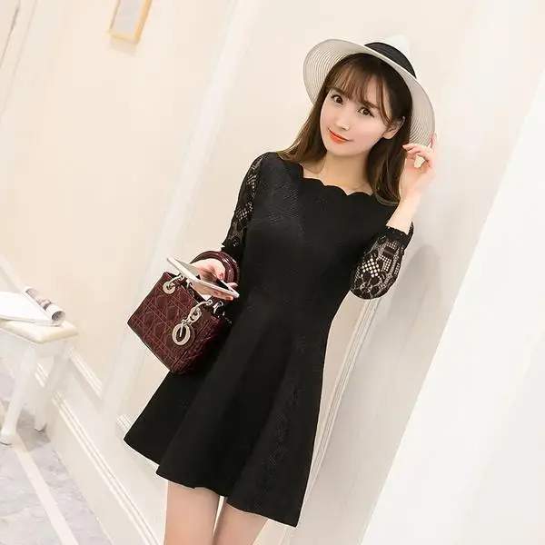 

Spring 2017 Women dress Knee length Vestidos Slim waist lace dress Plus size Floral Casual dress