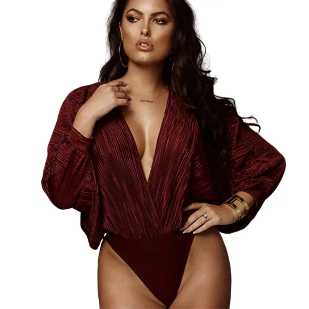 

MISSKY 2020 New Women Bodysuit Solid Color Fashion Spring Summer Loose Deep V Neck Long Sleeve Jumpsuit Female Clothes
