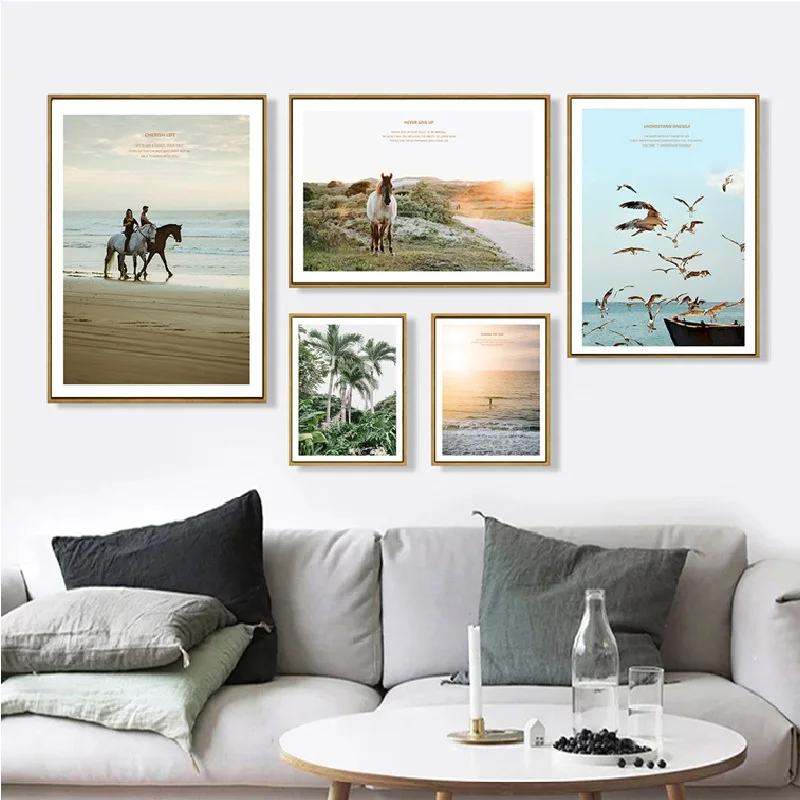 Спокойная Современная Скандинавская летняя лошадь море пейзаж спокойный холст