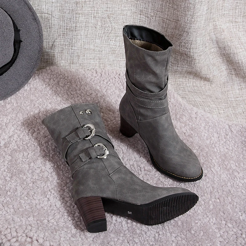 Rimocy Purple Warm Short Plush Mid Calf Boots Women Vintage Buckle Chunky Heels Pu Botas Mujer Plus Size Slip-on Shoes Woman