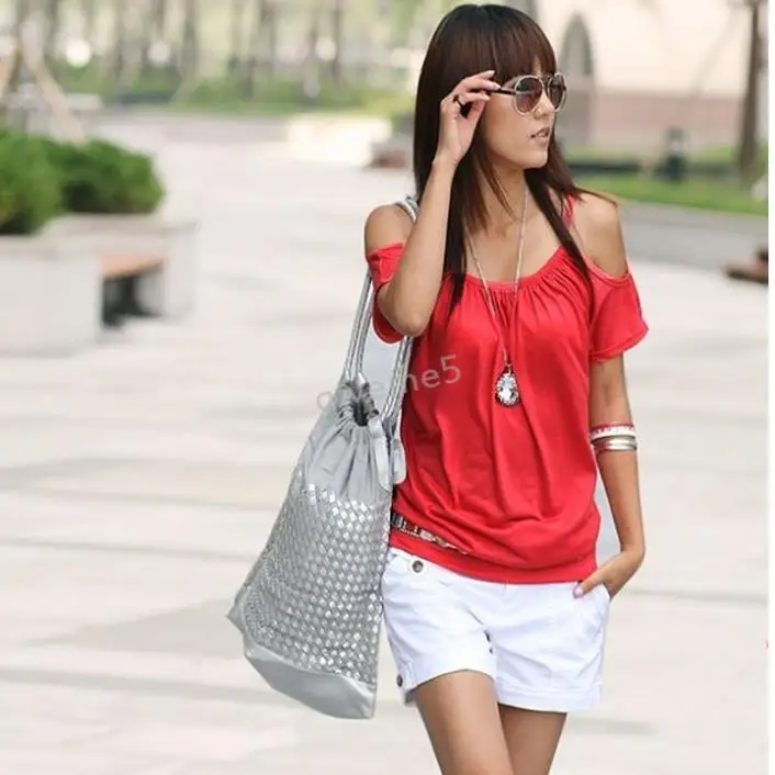 Crazy Discount Women's Off Shoulder T-Shirt Batwing Sleeve Loose Fit Tee Model Top Blouse #3 SV004118 | Женская одежда