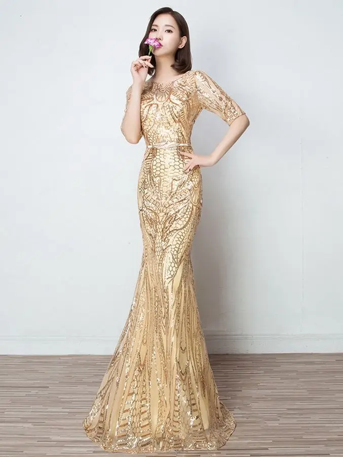 Золотой Vestido para festa de casamento2019 новинка из кружева, с вырезом на шее, с блестками, Сексуальная Русалка, золотой, красный, фиолетовое платье для невесты, длинное sukienka plus - Цвет: Золотой