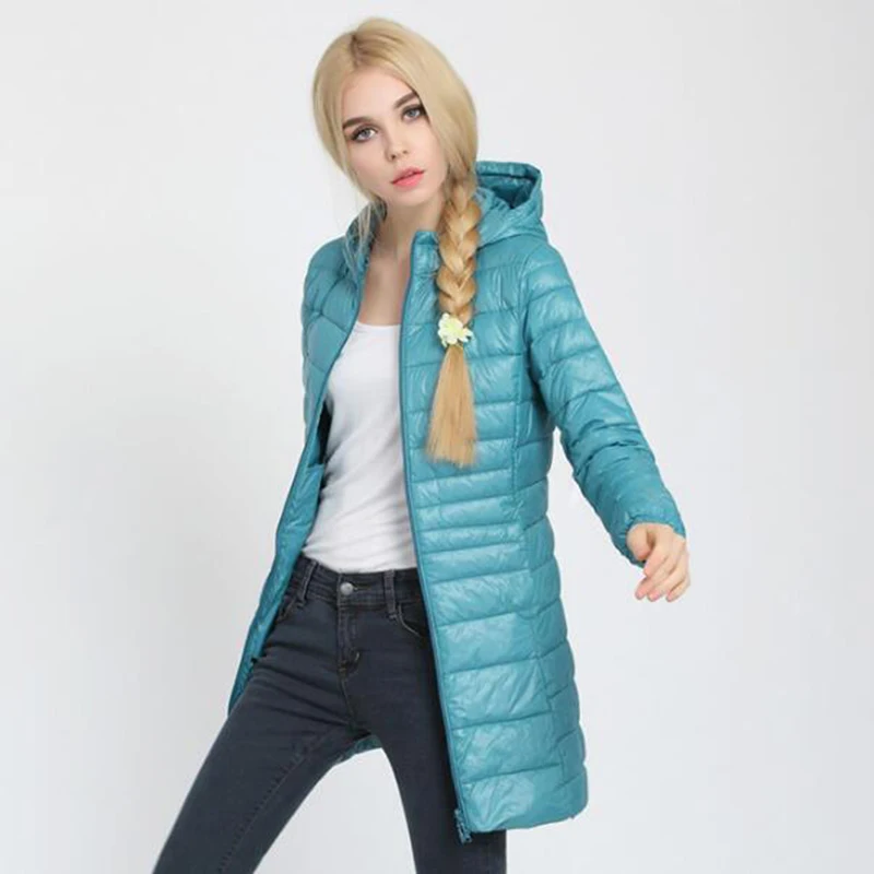 Женский ультралегкий пуховик на осень и зиму белая парка с длинным рукавом