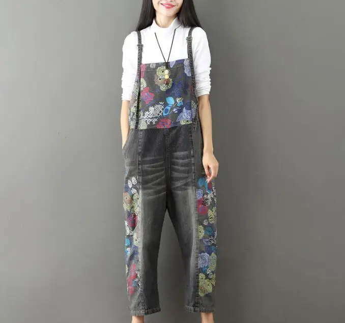 Комбинезон джинсовый с широкими штанинами мешковатые брюки ковбойскими лямками