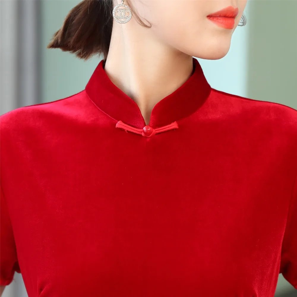 Китайское традиционное длинное платье Чонсам с коротким рукавом из бархата Qipao, китайское женское платье, 4 цвета