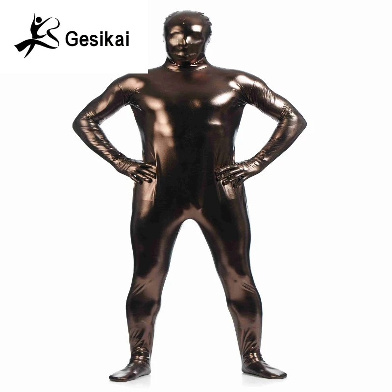 Мужское блестящее боди Zentai с металлическим блеском костюмы колготками на молнии