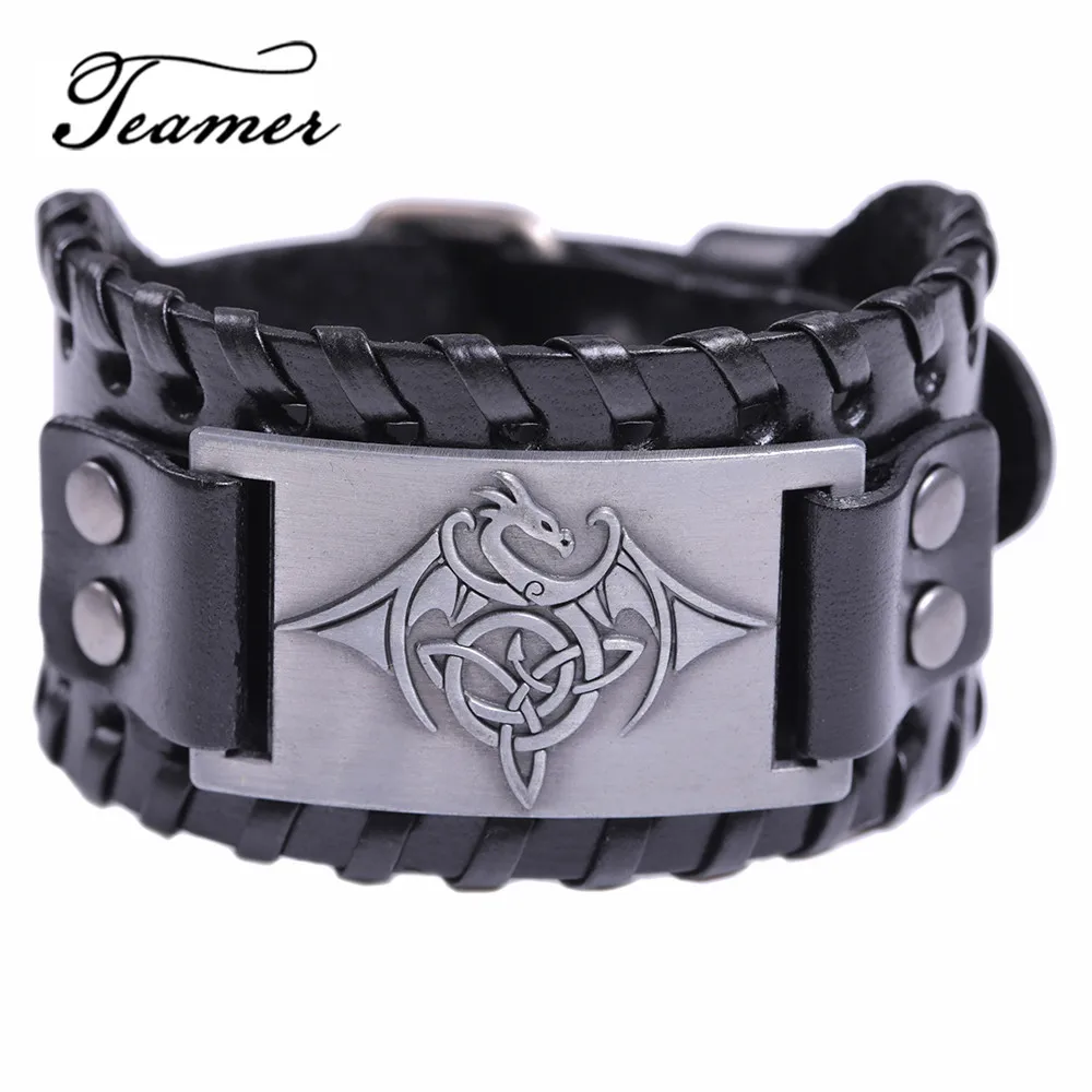 wide antique silver Teamer Винтаж Wicca символ Triqueta Талисман Дракон браслеты для мужчин черный с коричневой тесьмой кожаные браслеты крутые регулируемые ювелирные изделия - Окраска металла: wide antique silver