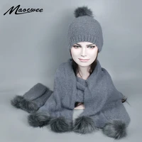 women winter hat and scarf gloves set warm knitted hat scarf for girls high quality faux fur pompoms hats lady beanies skullies