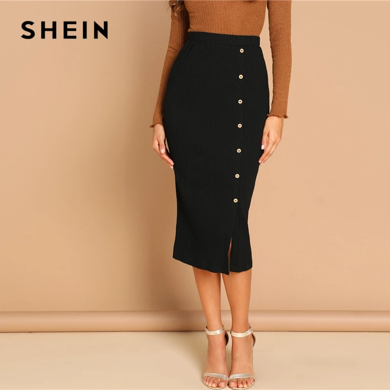 SHEIN Трикотажная Миди Юбка На Пуговицах Длинная Юбка В Рубчик Длинная Облегающая Юбка-Карандаш