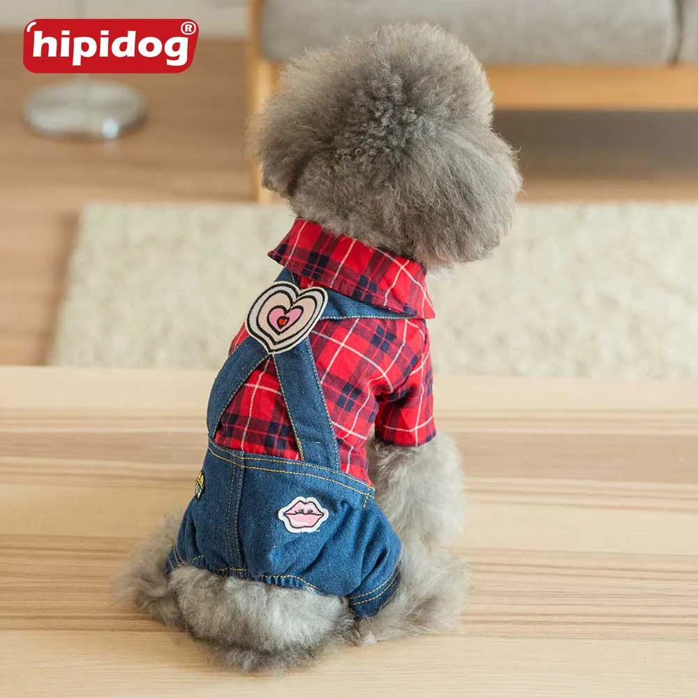 Костюм для собаки красный черный клетчатая рубашка джинсовые джинсы штаны с
