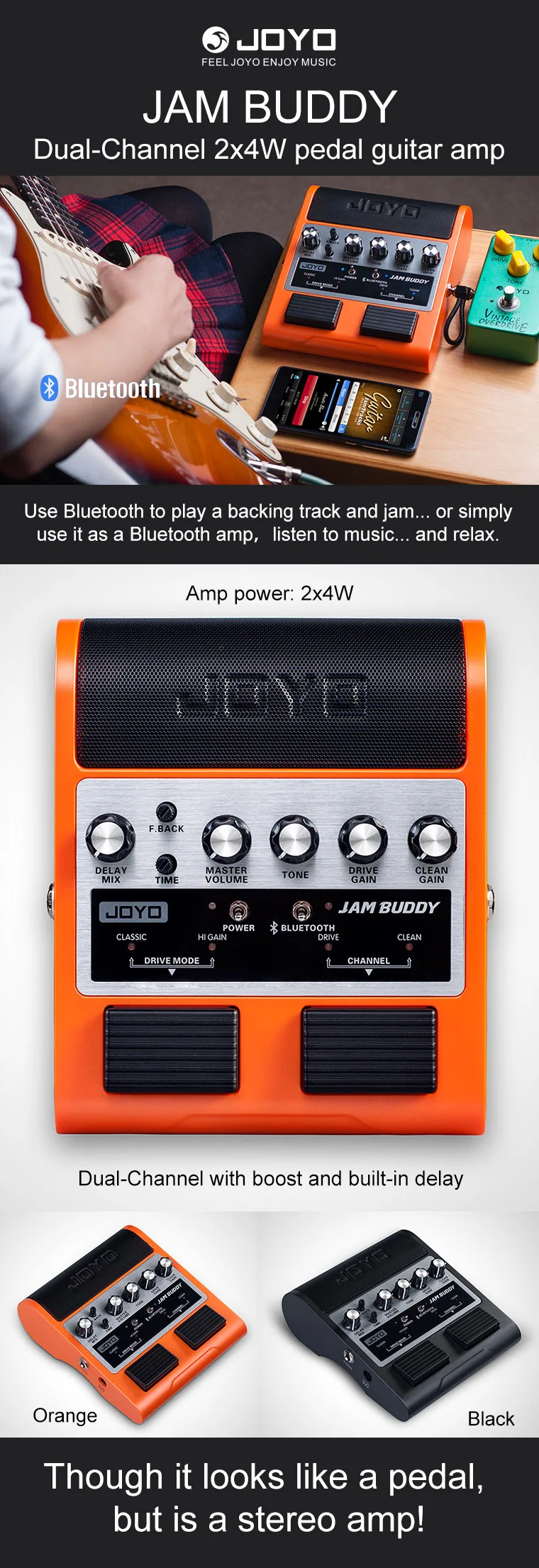 JOYO JAM BUDDY гитарный усилитель чистый и овердрайв двухканальный 2*4 Вт колонки перезаряжаемый Bluetooth 4,0 с эффектами задержки