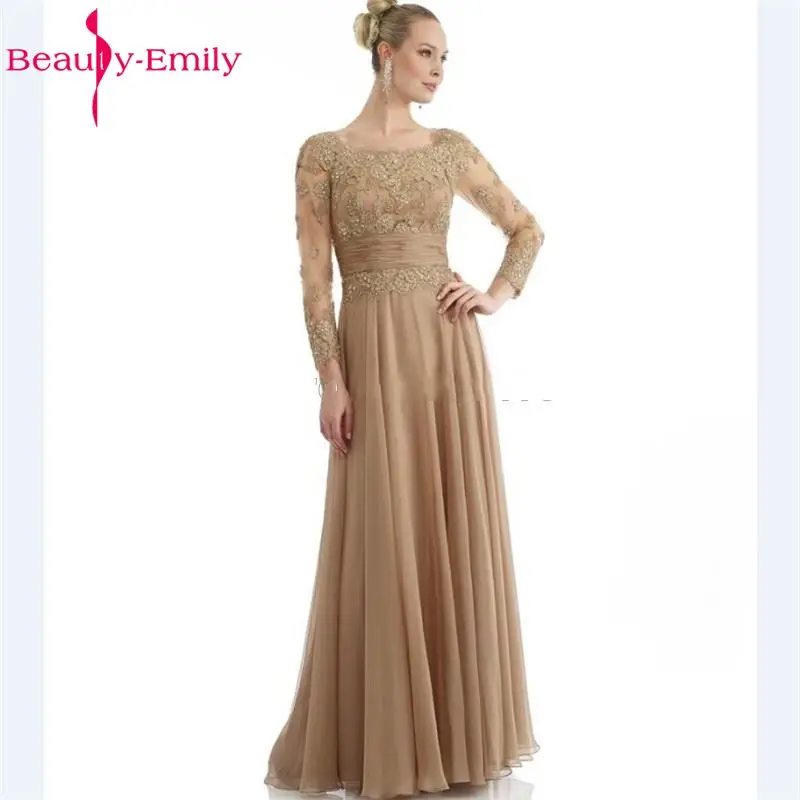 Beauty-Emily шампанское невесты мать платья кружева с длинным рукавом шифон длинное платье для крестной Матери платья выпускного вечера - Цвет: Шампанское