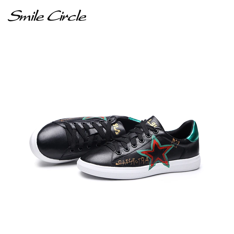 Кроссовки из натуральной кожи со смайликом женская обувь на плоской подошве