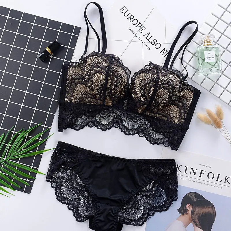 

Fashion fashion lace sexy thin 3/4 Cup push up underwear hot-selling vintage solid color bra set