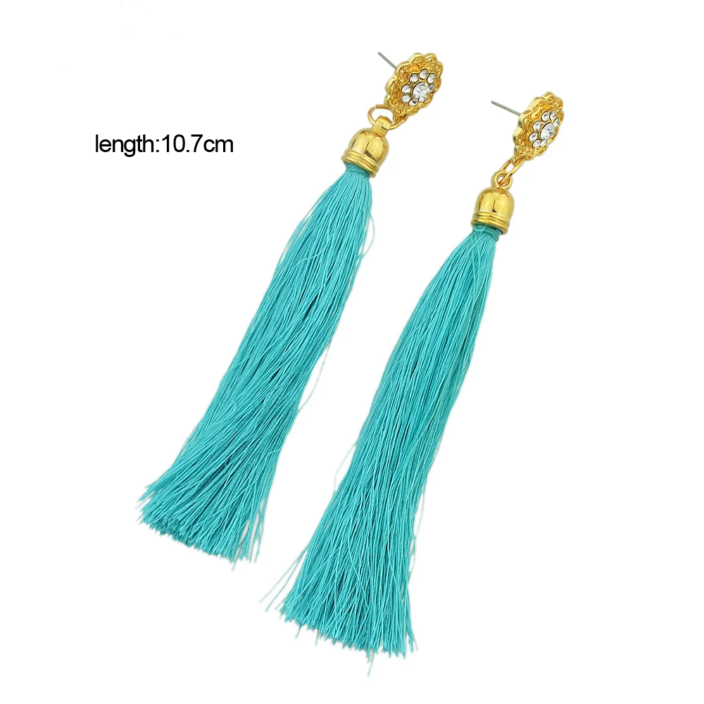 Богемные серьги цветок со стразами красный зеленый черный длинной кисточкой