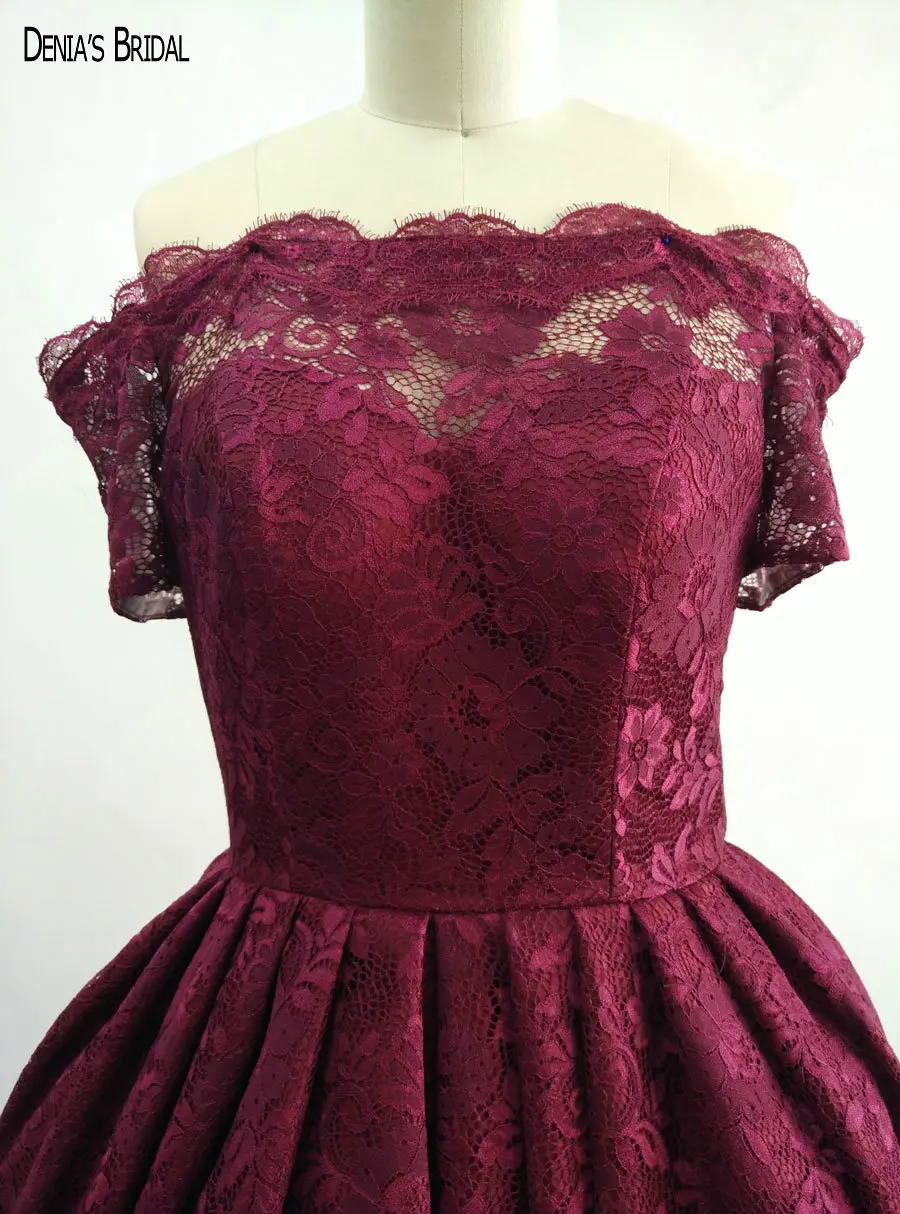 2017 Ball-Gown Wine Red Lace Evening Dresses with Boat Neckline Floor Length Sweep Train Party Prom Gowns | Свадьбы и торжества