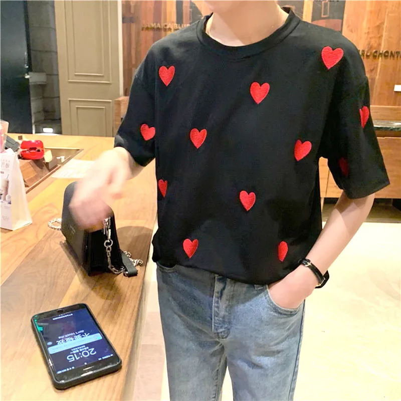 Модные Для женщин новый одежда 2019 Красное сердце вышивка футболка Повседневная