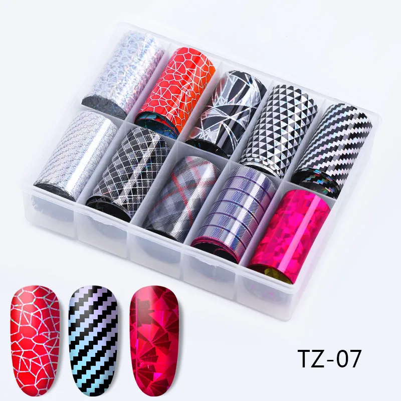 TZ-07 10 рулонов, 4*120 см, голографические наклейки для ногтей, 24 дизайна, цветок, звездное небо, Лазерная Фольга для ногтей, набор переводных наклеек, сделай сам, наклейки для маникюра - Цвет: TZ-07