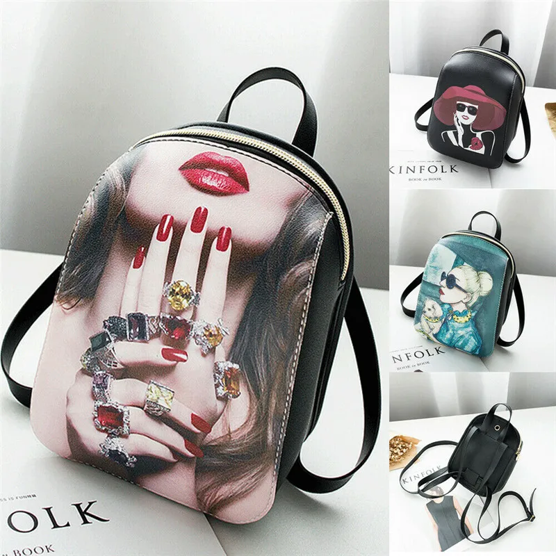 New Style Women Characters Pattern Backpack Girls Portable Travel PU Leather Small Shoulder Bags Fashion 2019 | Багаж и сумки
