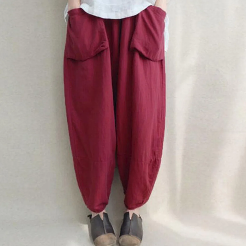 Женские Мешковатые хлопковые брюки с высокой талией широкие карманами