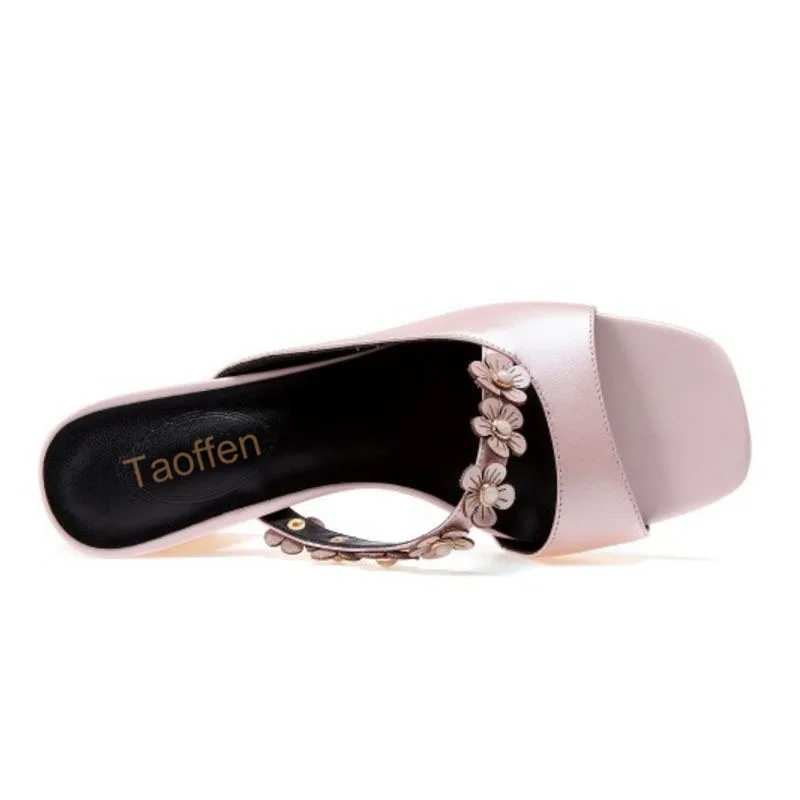 Женские шлепанцы на высоком каблуке TAOFFEN летние из натуральной кожи с открытым
