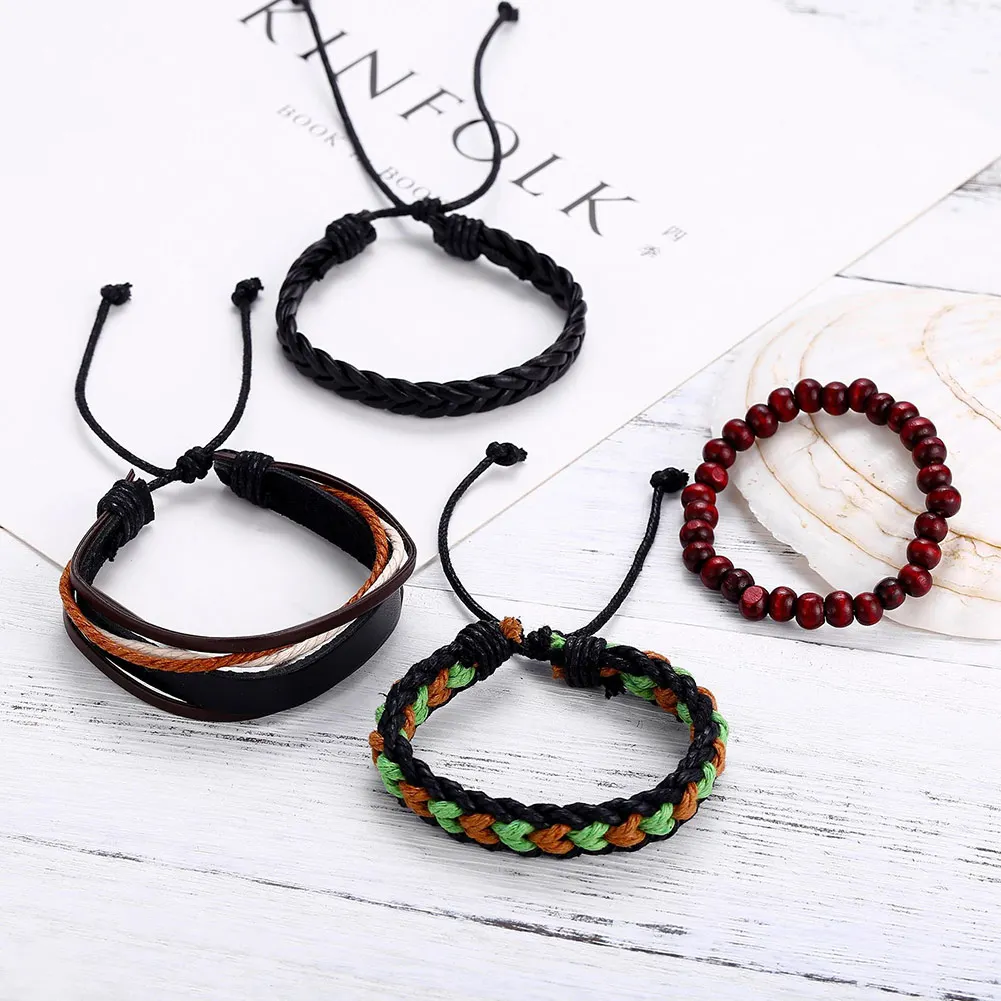 4 Pcs/Set Men Multilayer Adjustable Wood Beads Bracelets Leather Braided Bangle M8694 | Украшения и аксессуары