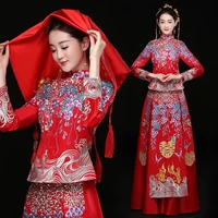 chinese ancient style wedding show bridal evening dress fancy dragon gown cheongsam kimono autumn suzhou embroidery red festival