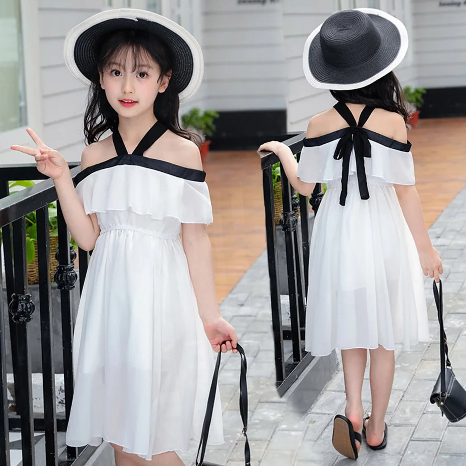 Летнее платье для больших девочек с открытыми плечами детей белое элегантная